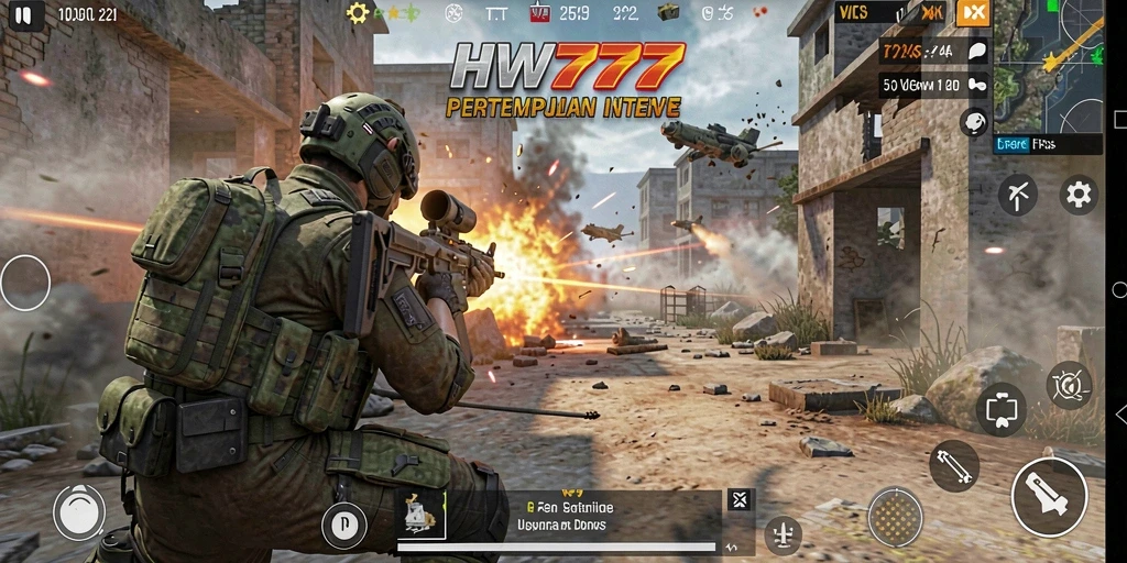 Screenshot menunjukkan aksi intens permainan FPS HW777.