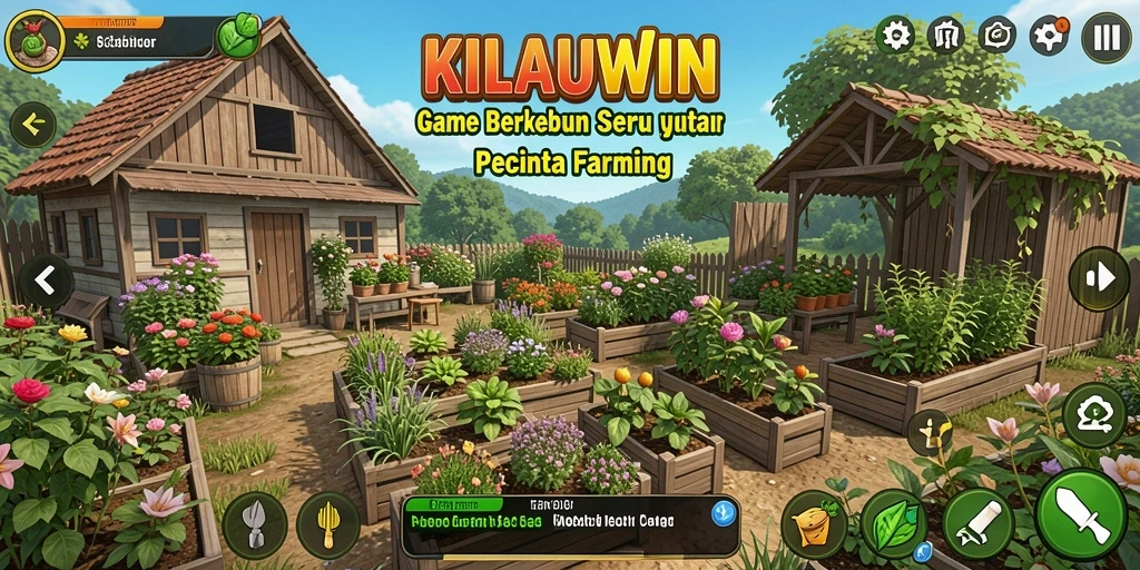Screenshot gameplay KILAUWIN menunjukkan keindahan kebun dan aktivitas bertani.